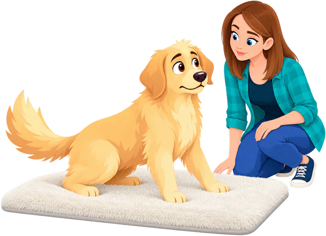 Illustrated woman kneeling beside a golden retriever puppy sitting on a white WOOPF™ Fluffy Shag Calming Sleeping Mat