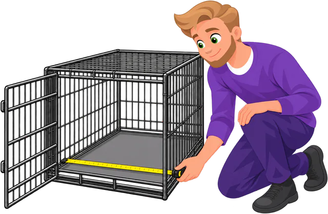 Illustrated man measuring the floor of a wire crate with a tape measure