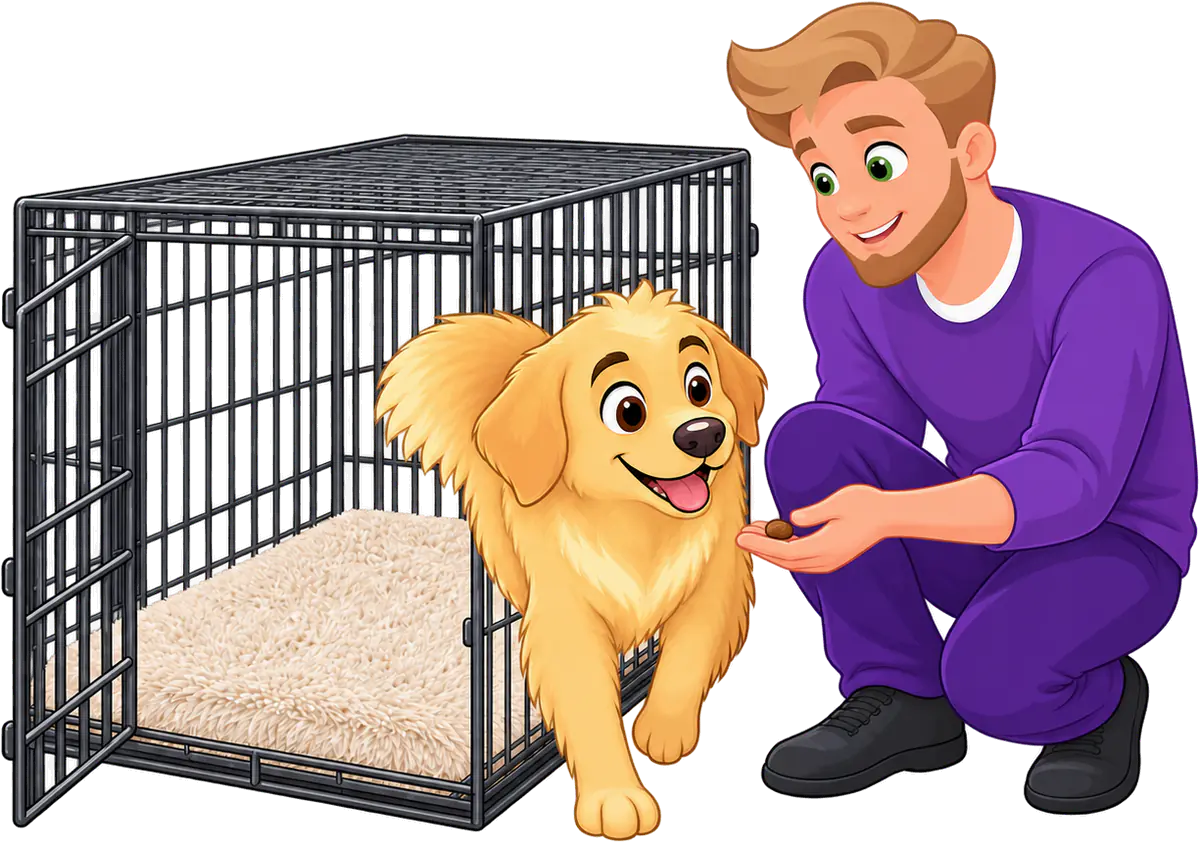 Illustrated man kneeling with a treat as a golden retriever puppy walks out of a wire crate with a WOOPF™ Fluffy Shag Calming Sleeping Mat on its floor
