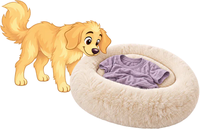 Illustrated golden retriever puppy sniffing a lilac T-shirt laid in the well of a cream Fluffy Shag Calming Round Bed