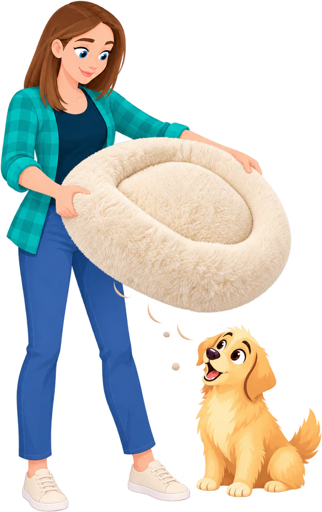 Illustrated woman shaking the hair out of a cream Fluffy Shag Calming Round Bed while a golden retriever puppy watches