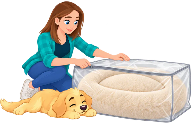 Illustrated woman zipping a cream Fluffy Shag Calming Round Bed into a clear storage bag while a golden retriever puppy sleeps on the floor beside her