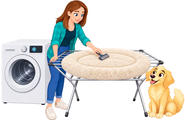 Illustrated woman brushing the pile of a cream Fluffy Shag Calming Round Bed drying flat on a clothes airer beside a washing machine, a golden retriever puppy watching