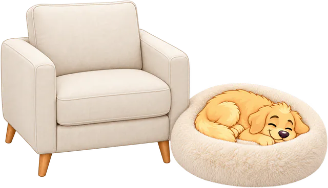 Illustrated golden retriever puppy asleep curled in a cream Fluffy Shag Calming Round Bed beside a beige armchair