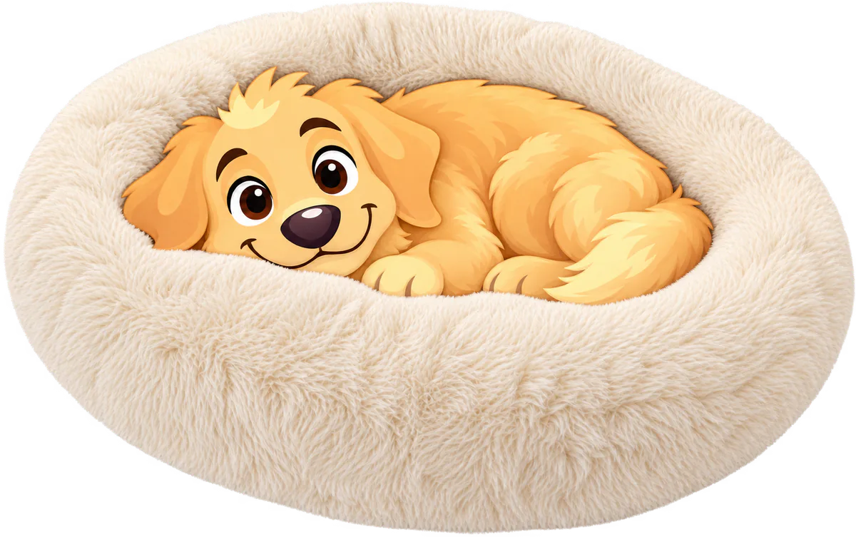 Illustrated golden retriever puppy curled up in the well of a cream WOOPF™ Fluffy Shag Calming Round Bed, its head against the padded rim