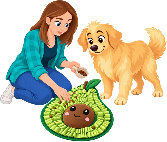 Illustrated woman sprinkling kibble from a bowl into the folds of an Avocado Snuffle Mat, a golden retriever waiting beside her