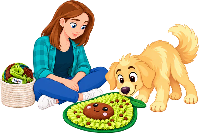 Illustrated woman sitting on the floor beside a golden retriever working an Avocado Snuffle Mat, the Snuffle Ball in a basket behind her