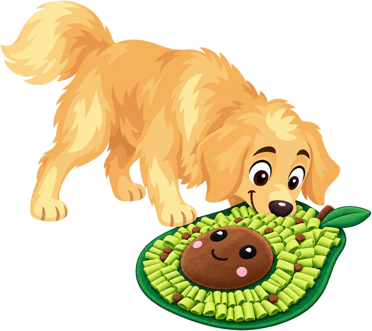 Illustrated golden retriever nosing kibble out of the folds of an Avocado Snuffle Mat