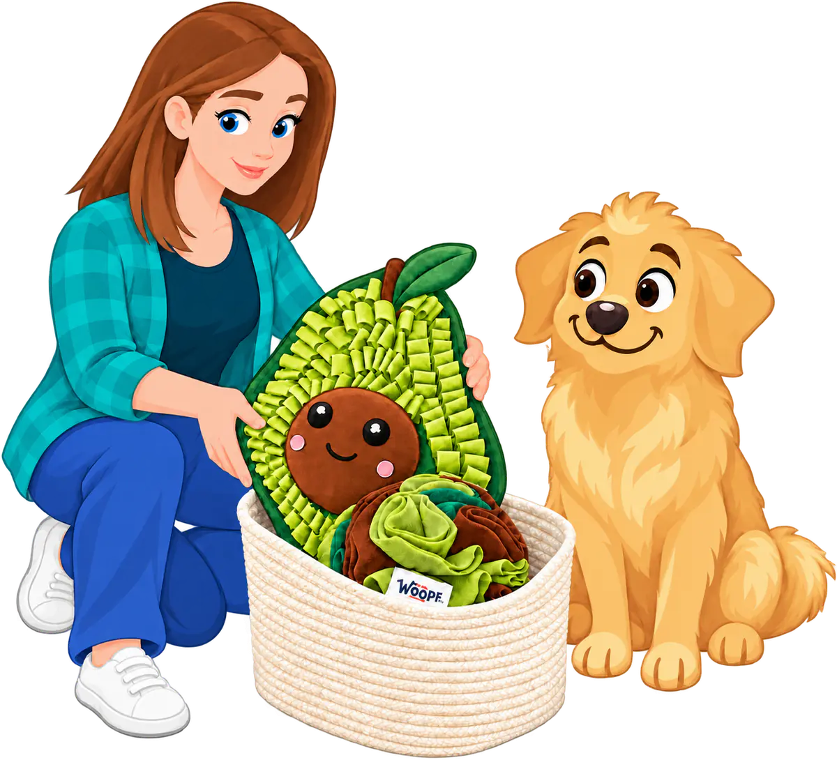 Illustrated woman kneeling by a rope basket that holds an Avocado Snuffle Mat and a Snuffle Ball, a golden retriever sitting beside her