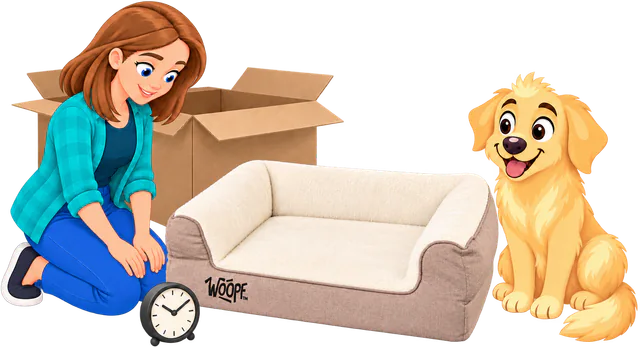 Illustrated woman kneeling by a new cream SNÖR Vet Orthopedic Bed just out of its box, a clock on the floor and a golden retriever waiting