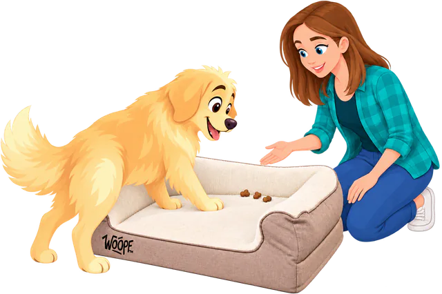 Illustrated golden retriever stepping into a cream SNÖR Vet Orthopedic Bed towards treats a kneeling woman has put on the far side
