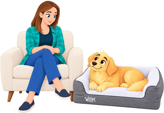 Illustrated golden retriever lying in a grey SNÖR Vet Orthopedic Bed beside an armchair where a woman sits