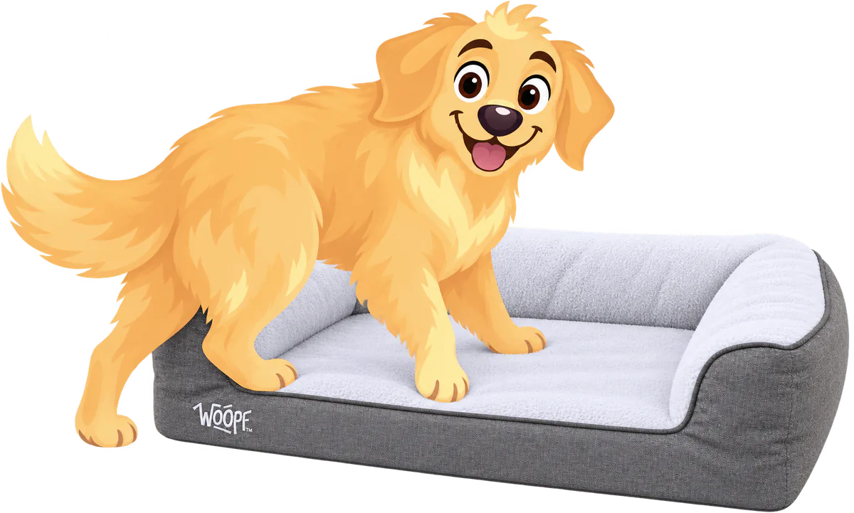 Illustrated golden retriever stepping over the low front of a grey WOOPF™ SNÖR Vet Orthopedic Bed with a white fur top, its bolsters on the other three sides