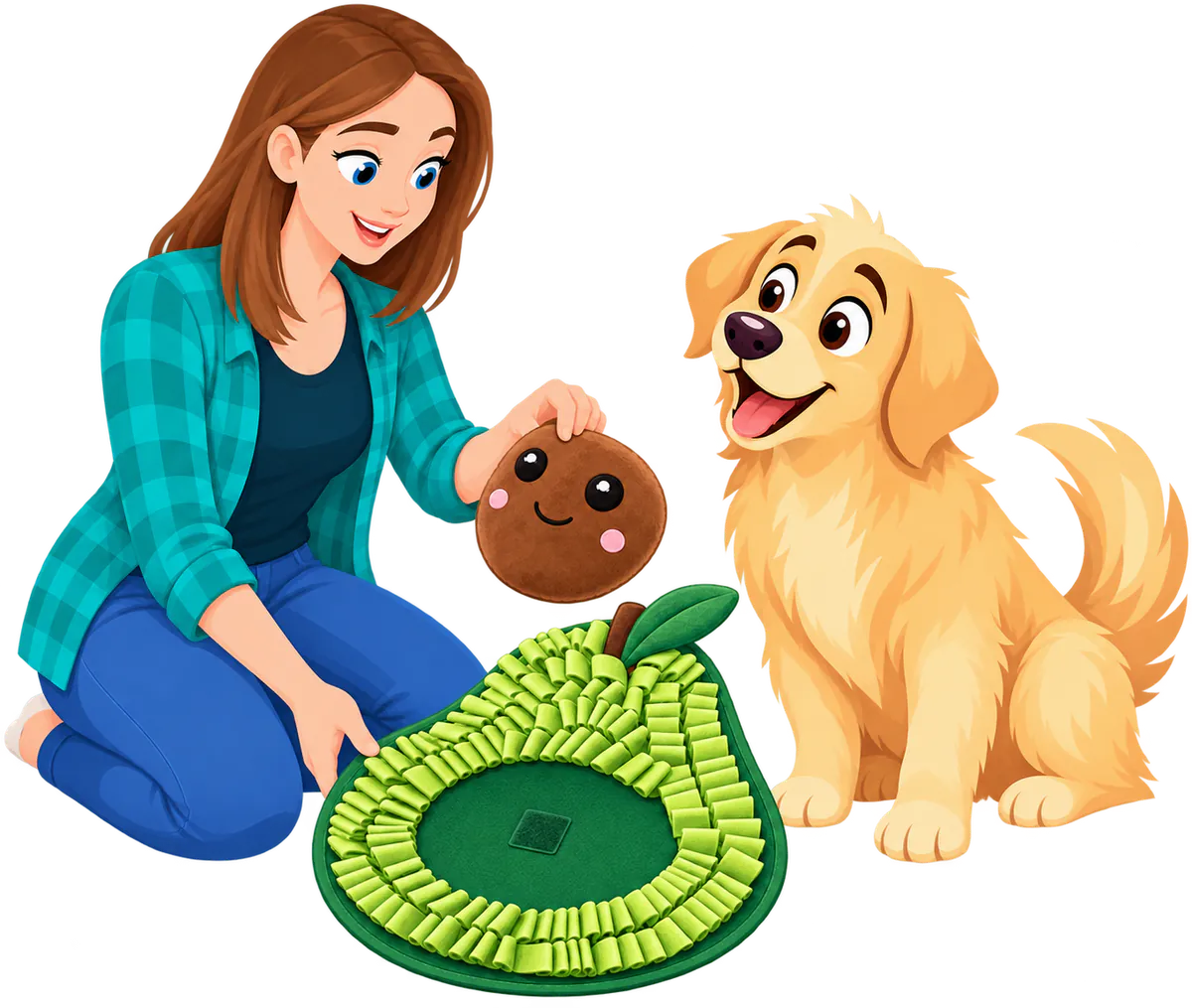 Illustrated woman lifting the face toy off an Avocado Snuffle Mat, the velcro patch showing, as a golden retriever watches