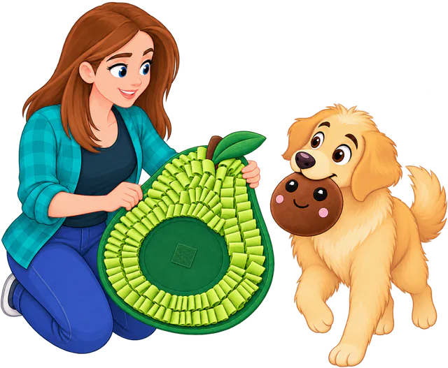 Illustrated golden retriever trotting off with the face toy in its mouth while a woman holds up the empty Avocado Snuffle Mat