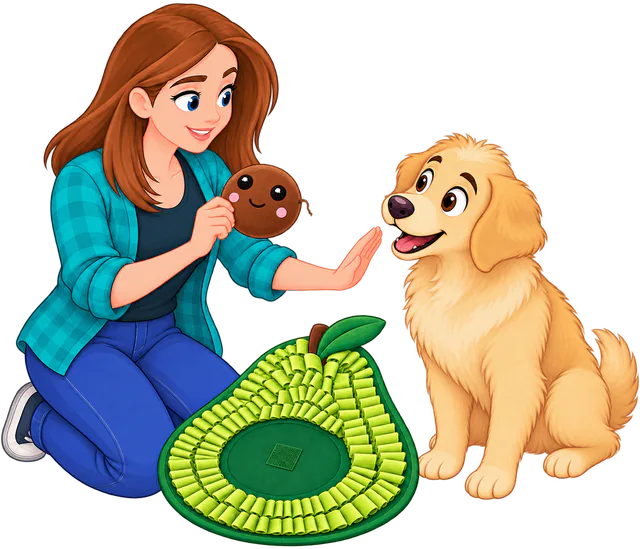 Illustrated woman holding the face toy and raising a flat hand to a sitting golden retriever beside an Avocado Snuffle Mat