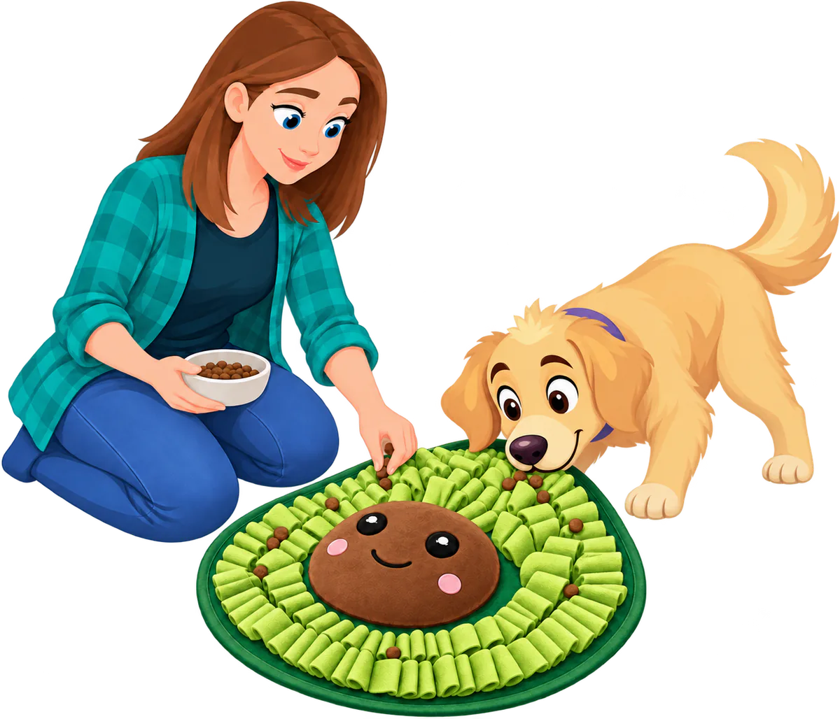 Illustrated woman scattering kibble into the folds of an Avocado Snuffle Mat while a golden retriever sniffs it out