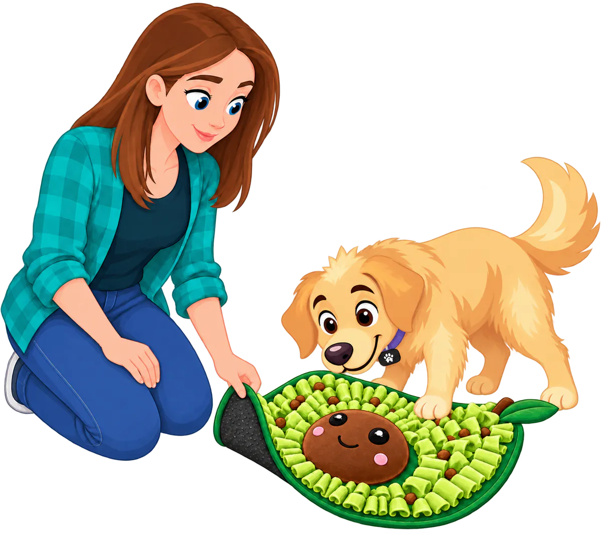 Illustrated woman turning up the edge of an Avocado Snuffle Mat to show its base, a golden retriever sniffing the folds