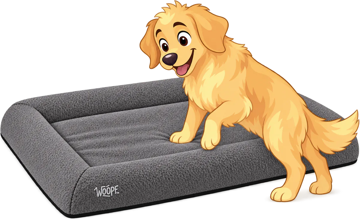 Illustrated golden retriever stepping onto a grey WOOPF™ SNÜZ Vet Orthopedic Bed with its bolsters running all round