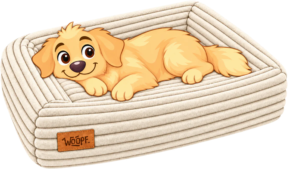 Illustrated golden retriever lying stretched out on the thick-line corduroy of a cream WOOPF™ SNÜZ Orthopedic Corduroy Bed