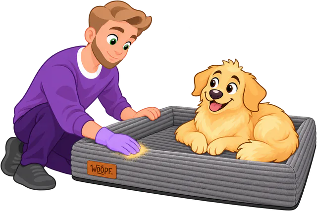 Illustrated man in a rubber glove lifting dog hair off the corduroy ribs of a grey SNÜZ Orthopedic Corduroy Bed while a golden retriever lies in it