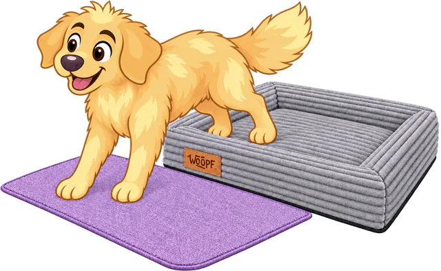 Illustrated golden retriever stepping off a purple non-slip mat into a grey SNÜZ Orthopedic Corduroy Bed