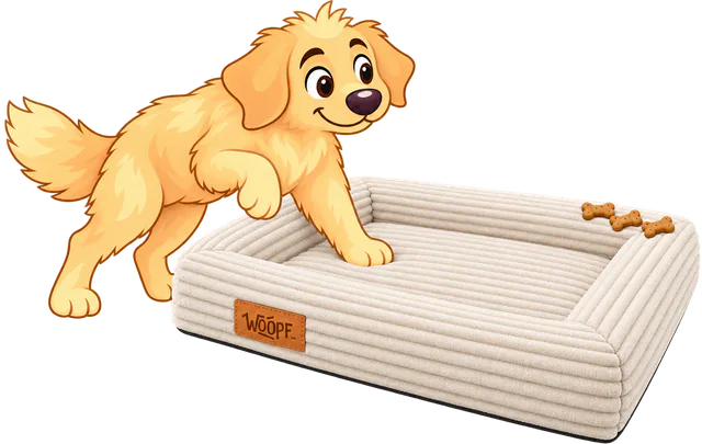Illustrated golden retriever stepping into a cream SNÜZ Orthopedic Corduroy Bed towards three treats on the far rim