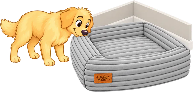 Illustrated golden retriever sniffing the rim of a grey SNÜZ Orthopedic Corduroy Bed set in the corner of a room