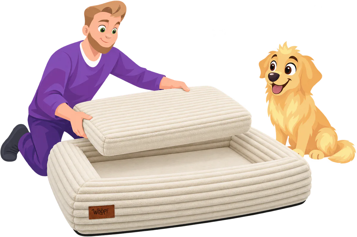 Illustrated man kneeling to lift the cushion out of a cream WOOPF™ SNÜZ Orthopedic Corduroy Bed while a golden retriever sits and watches