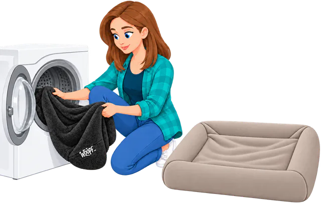 Illustrated woman loading a black fleece cover into a washing machine, the SNÜZ beside her in its own cover