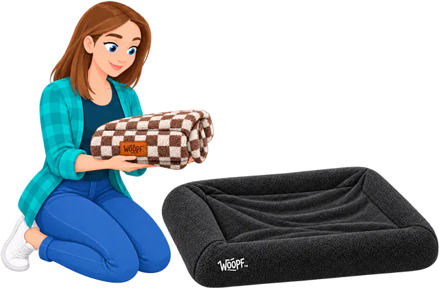 Illustrated woman kneeling with a folded brown and cream check fleece beside a SNÜZ in black fleece