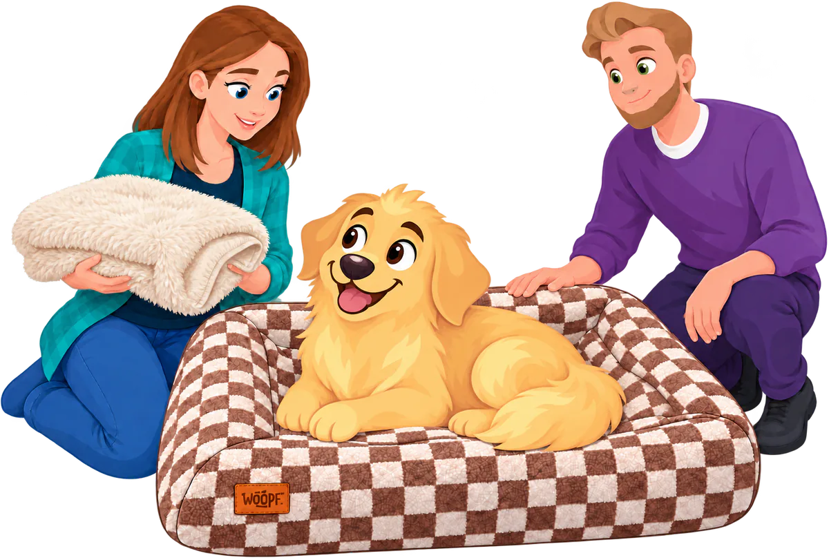 Illustrated woman holding a folded cream fleece and a man kneeling by a SNÜZ in the brown and cream check fleece, a golden retriever lying on it