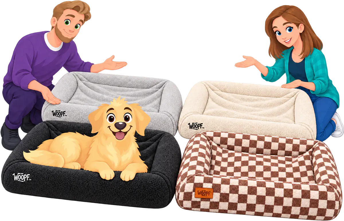 Illustrated man and woman kneeling behind four SNÜZ beds in grey, cream, black and the brown and cream check fleece, a golden retriever lying on the black one