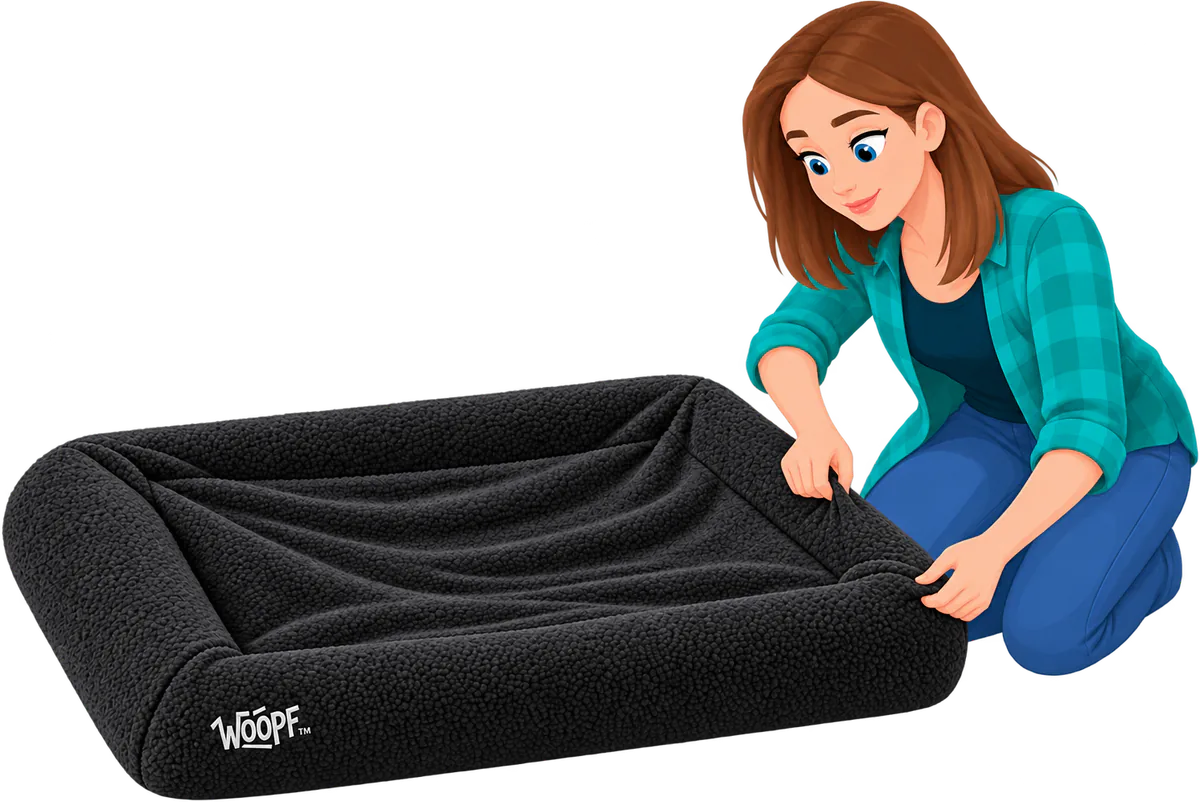 Illustrated woman tucking a black fleece cover over the bolster of a SNÜZ