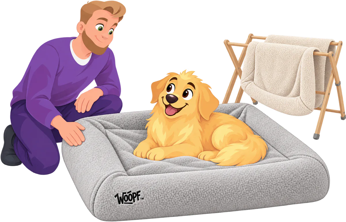 Illustrated man kneeling beside a golden retriever on a SNÜZ in grey fleece, a cream fleece spare drying on a wooden airer behind them