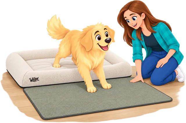 Illustrated golden retriever stepping off a cream SNÜZ Vet Orthopedic Bed onto a mat in front of it