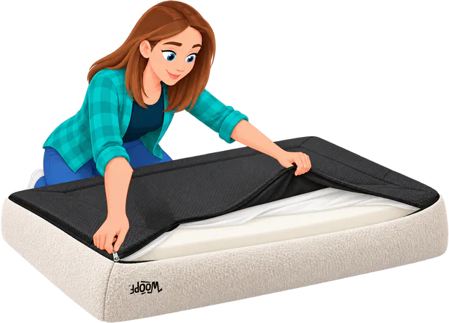 Illustrated woman unzipping the base cover of an upturned cream SNÜZ Vet Orthopedic Bed to show the foam