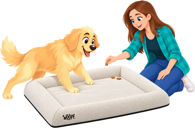 Illustrated woman holding out a treat as a golden retriever steps onto a cream SNÜZ Vet Orthopedic Bed