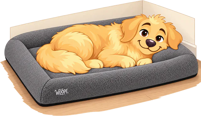 Illustrated golden retriever curled up on a grey SNÜZ Vet Orthopedic Bed in the corner of a room