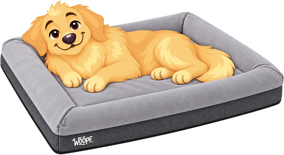 Illustrated golden retriever lying on a grey SNÜZ Orthopedic Suede Bed, its head resting on the bolster
