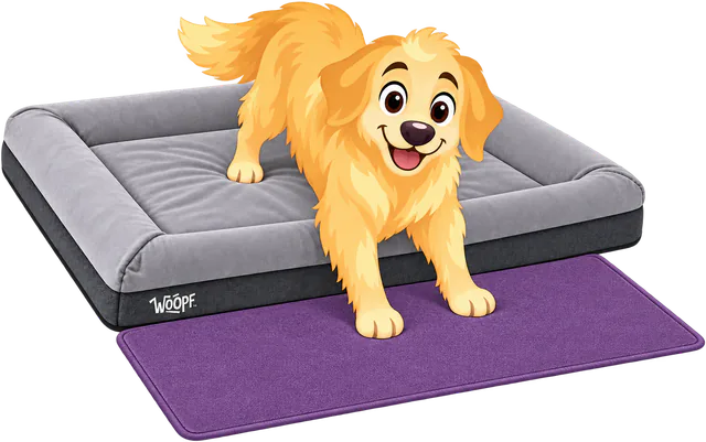 Illustrated golden retriever stepping off a grey SNÜZ Orthopedic Suede Bed onto a purple non-slip mat in front of it