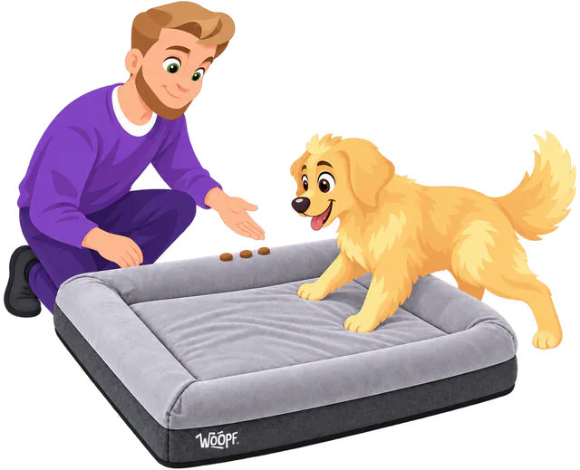 Illustrated man laying treats on the bolster of a grey SNÜZ Orthopedic Suede Bed as a golden retriever steps in