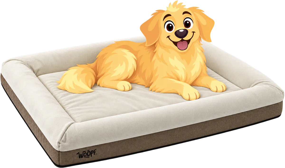 Illustrated golden retriever lying on a cream SNÜZ Orthopedic Suede Bed: smooth suede where the dog lies, a linen-look band round the base