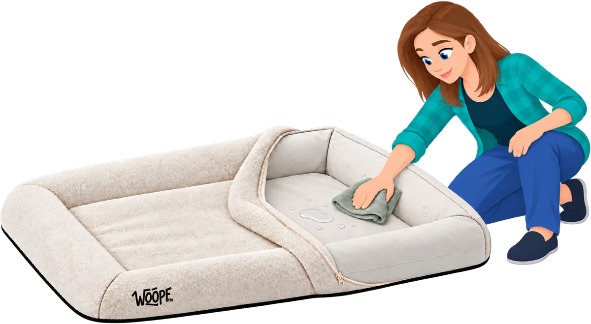 Illustrated woman wiping a puddle off the inner cover of a cream WOOPF™ SNÜZ Vet Orthopedic Bed, its bouclé cover unzipped and folded back