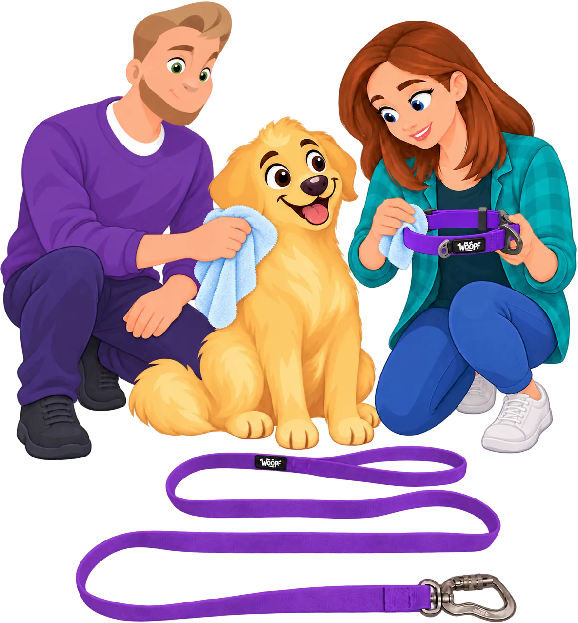 Illustrated man towelling a sitting golden retriever's neck while a woman wipes a purple WOOPF™ Sealskin Collar dry with a cloth, the purple Sealskin Leash lying in front of them