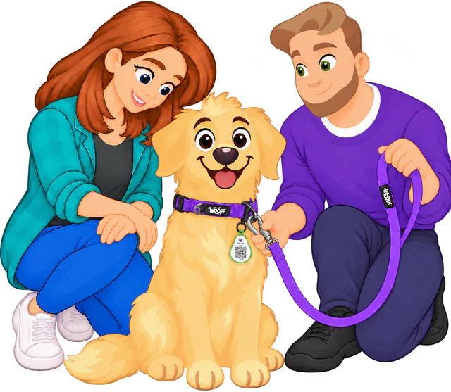 Illustrated man turning the locking sleeve on the clip of a purple WOOPF™ Sealskin Leash at the D-ring of a sitting golden retriever's purple collar, a woman watching