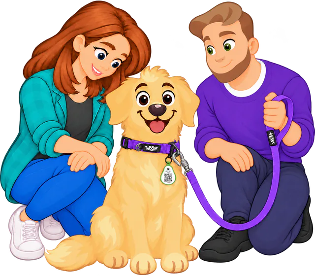 Illustrated man gripping the loop handle of a purple WOOPF™ Sealskin Leash in one hand, the lead not wrapped round it, clipped to a sitting golden retriever's purple collar as a woman looks on