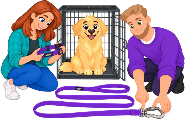 Illustrated golden retriever sitting in an open wire crate with its collar off, a woman checking the purple WOOPF™ Sealskin Collar in her hands and a man pointing to the clip of the purple lead