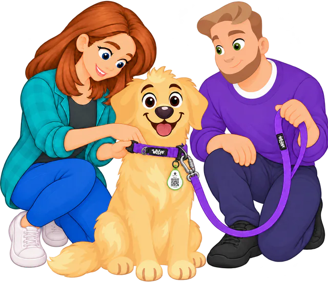 Illustrated woman slipping two fingers under a purple WOOPF™ Sealskin Collar on a sitting golden retriever, a green QR tag on its D-ring and a man holding the purple lead clipped to it