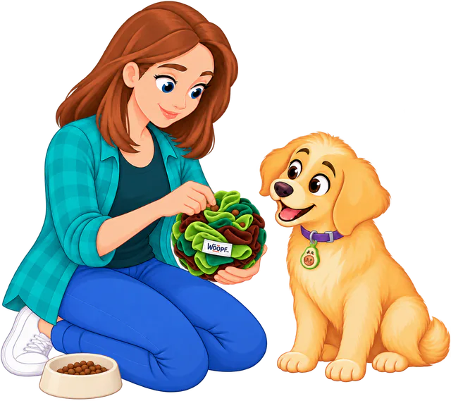 Illustrated woman tucking kibble into the folds of a green Snuffle Ball, a food bowl at her knee and a golden retriever puppy watching